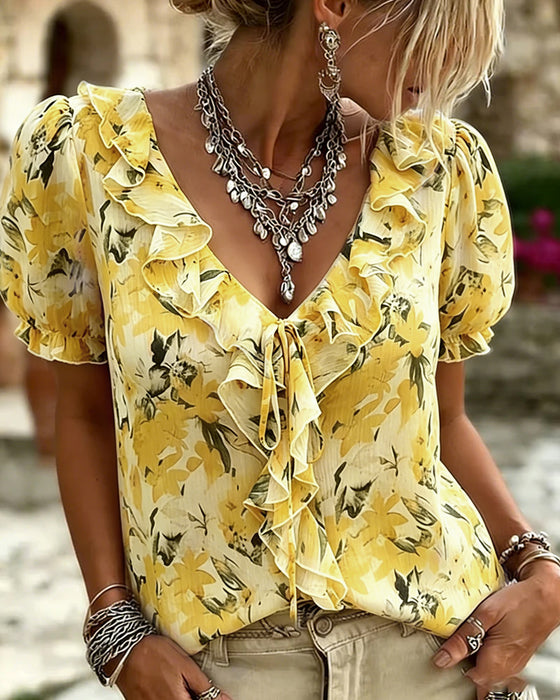 V-Neck Ruffle Bubble Sleeve Blouse