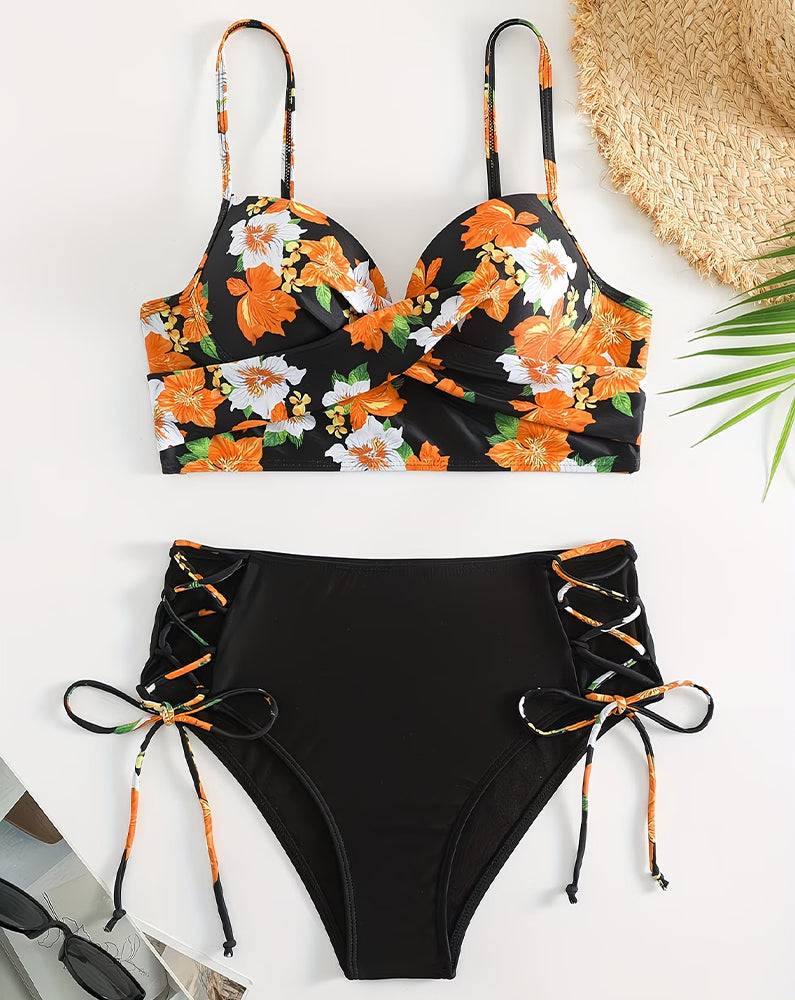 Color Block Floral Print Gathered Tie Bikini
