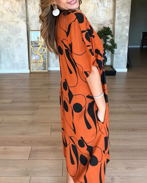 V-Neck Button High Waist Flared Dress