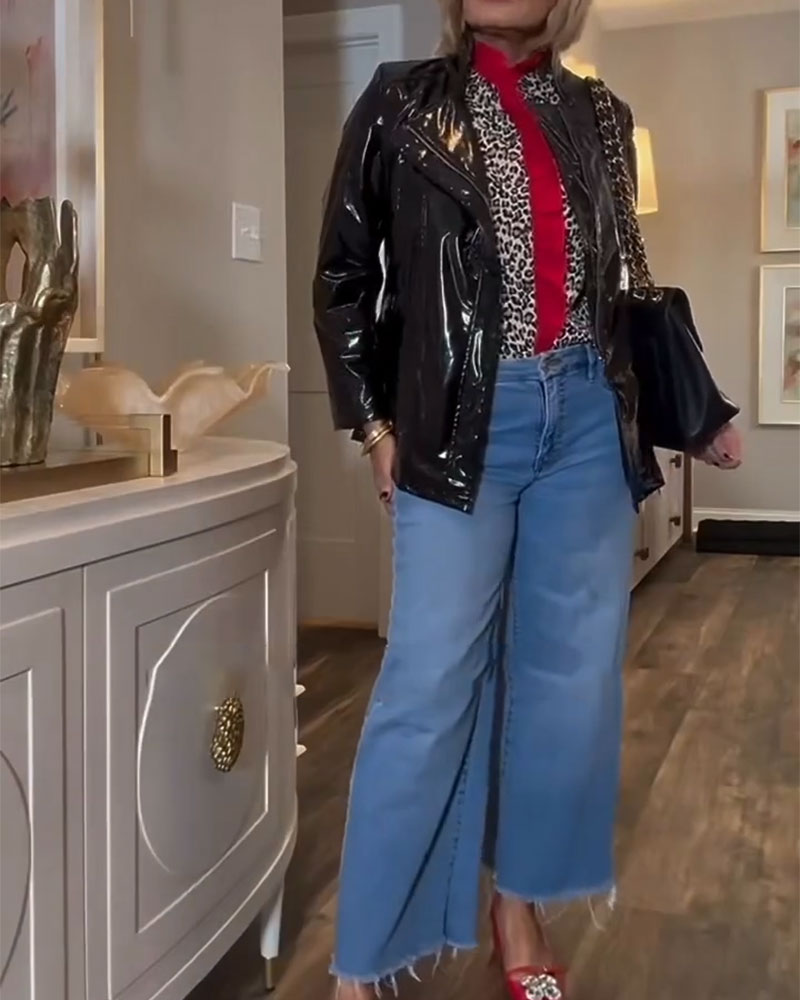 Ruffled Leopard Print Color-Blocked Blouse