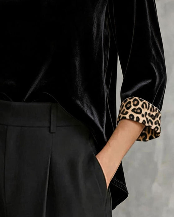 Leopard Trim Mock Neck Velvet Top