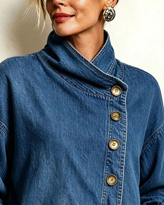 Diagonal Button Stand Collar Denim Coat