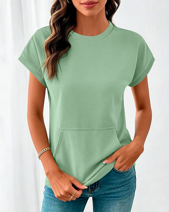 Front Pocket Solid Color Round Neck Blouse