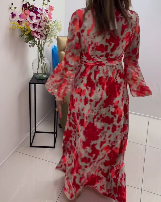 Fashionable printed deep V knitted bell sleeve dress