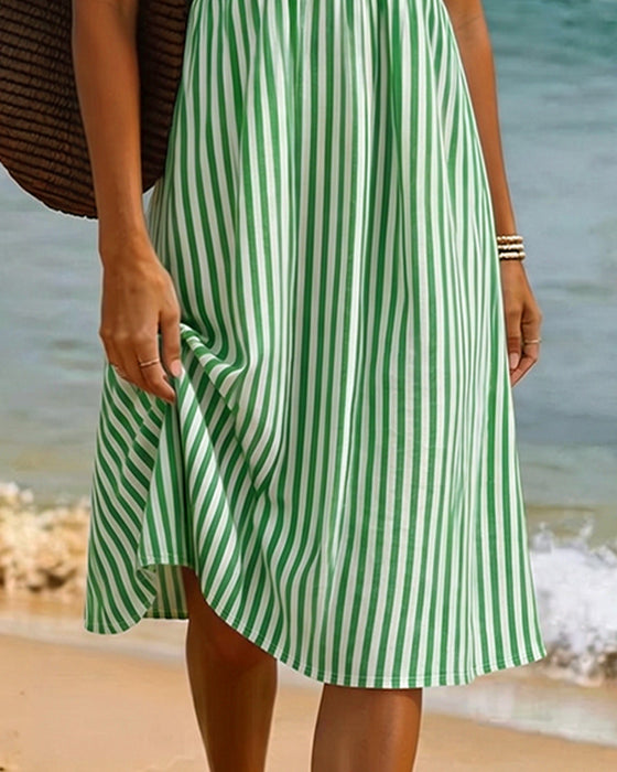 Vertical Stripe Babydoll V Neck A Line Dress