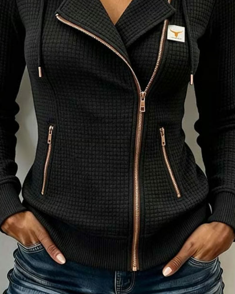 Bias-Zip Waffle Hooded Coat