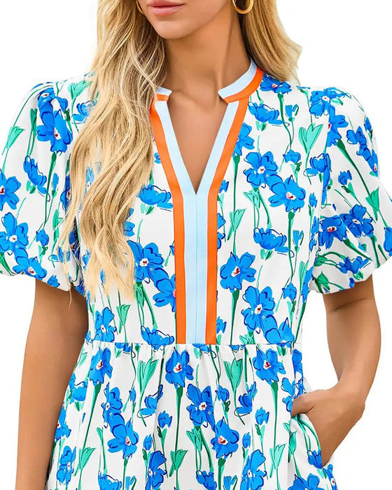 V-Neck Floral Bubble Sleeve Patchwork Dress
