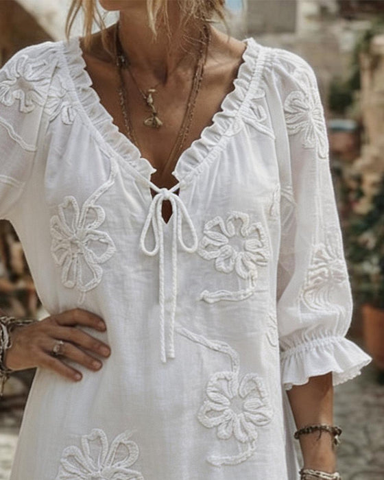 V-Neck Ruffle Tie 3D Floral Dresses