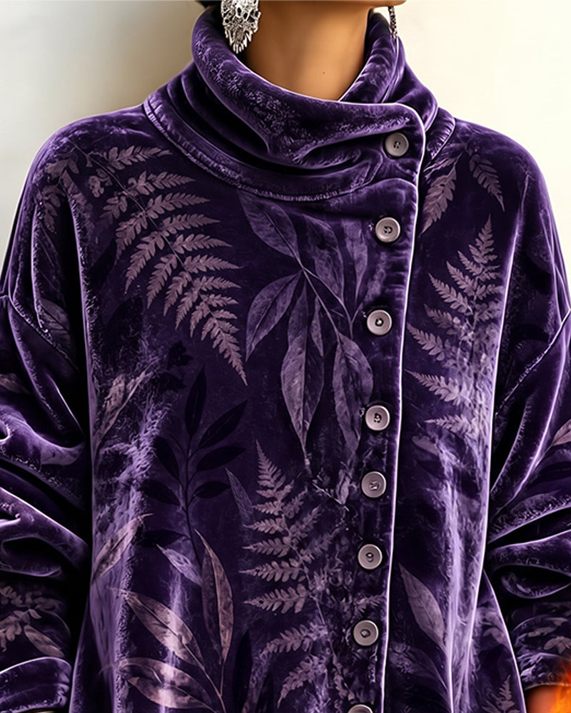Turtleneck Button Leaf Print Top