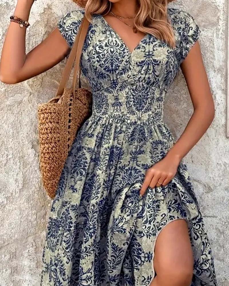 Retro Print V-Neck Cinched Waist Long Dress