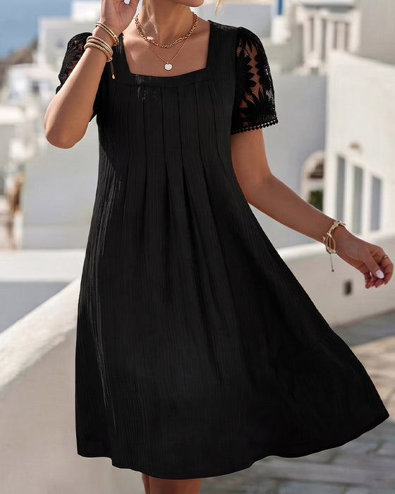 Square Neck Solid Lace Patchwork High Waist Dress
