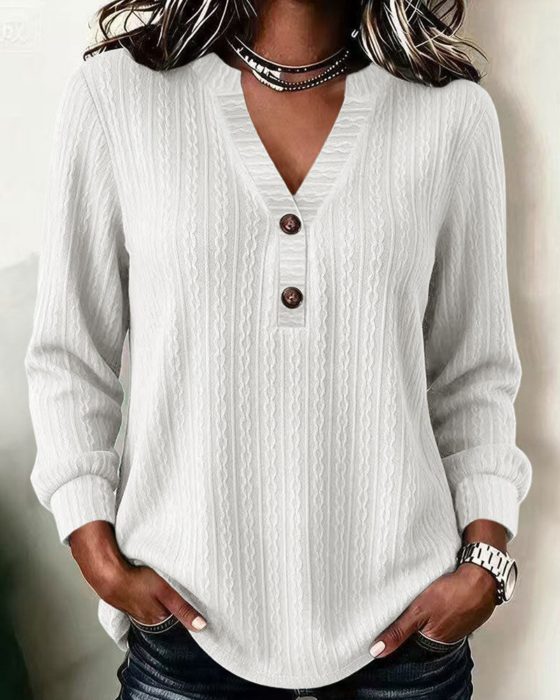 Solid Color Ribbed V-Neck Button-Down Top