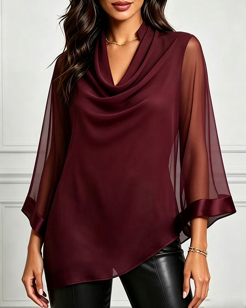 Mock Neck Irregular Solid Sheer Blouse