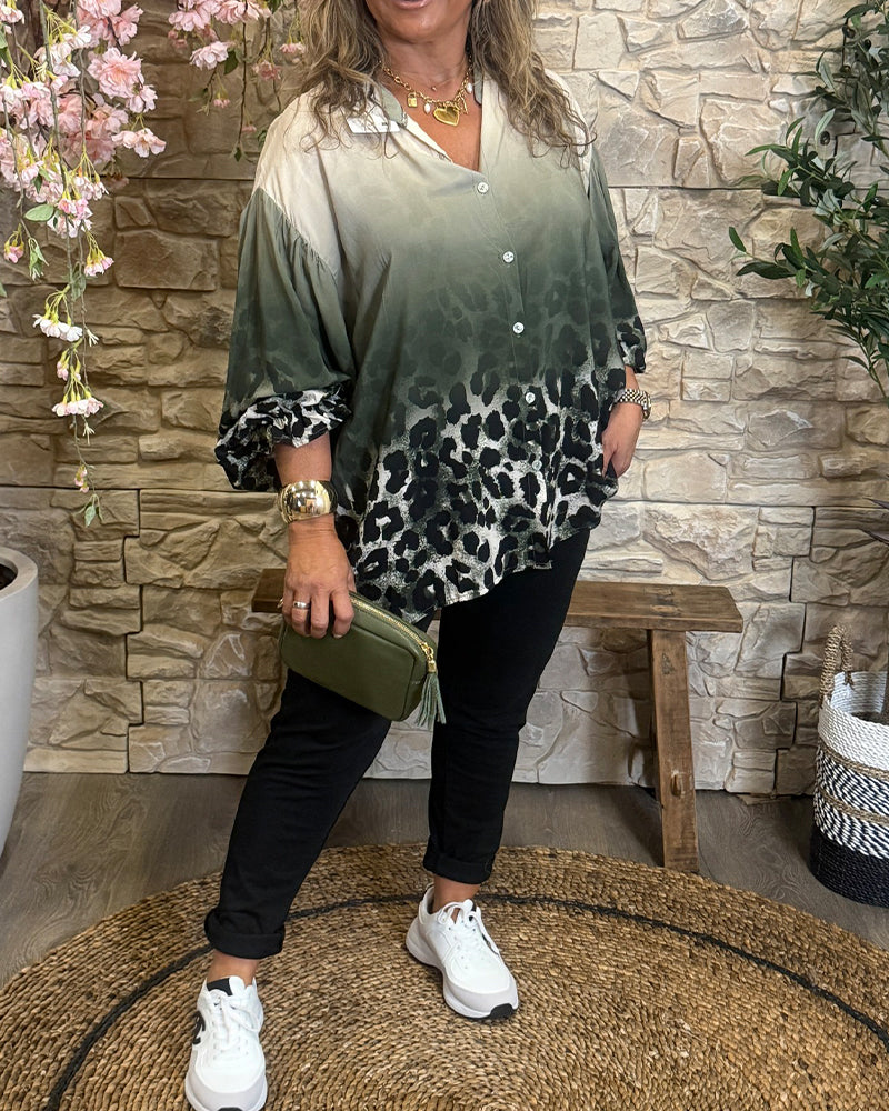 Gradient Leopard Print Long-Sleeve Blouse