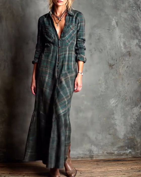 Fashionable Lapel Plaid Dress