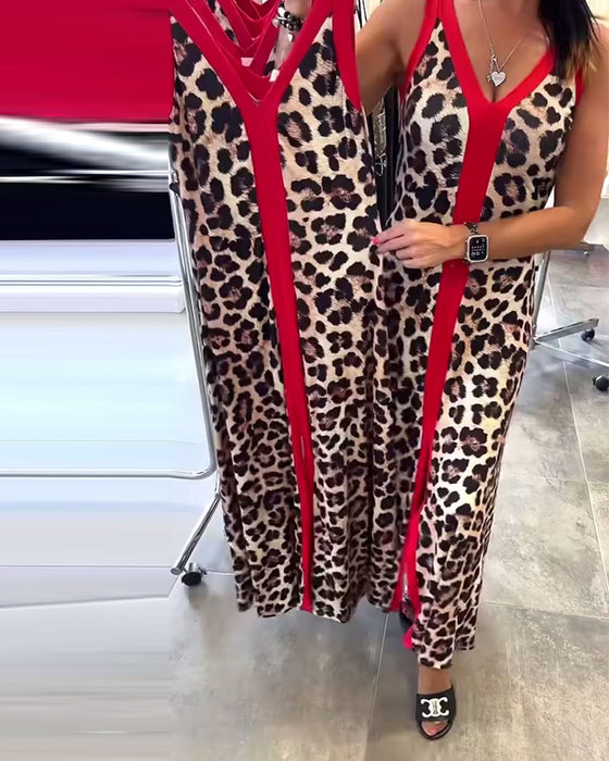 Sleeveless Elegant Leopard Print Contrast Dress