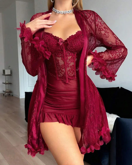 Lace Cover-Up Spaghetti Strap Lace Trim Pajama Dress