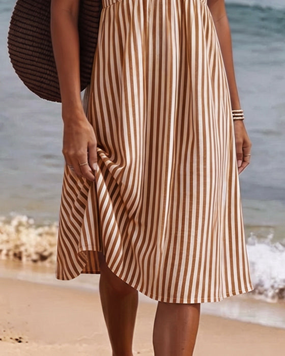 Vertical Stripe Babydoll V Neck A Line Dress