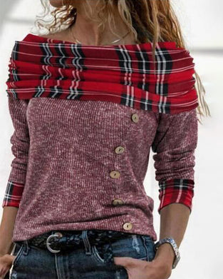 Off-Shoulder Draped Neck Long Sleeve Plaid Contrast Top