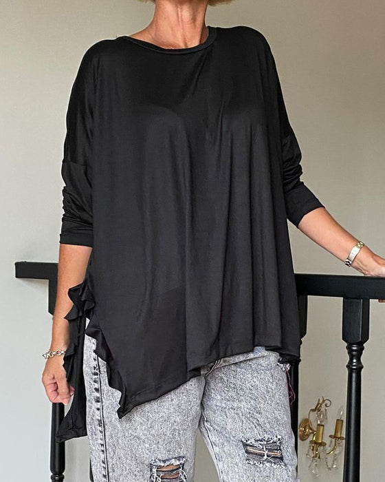 Solid color round neck casual blouse