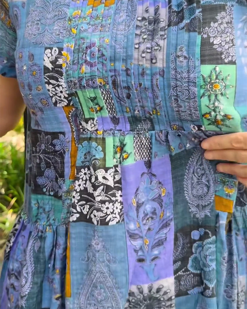 Round Neck Pleated Printed A-Line Dress