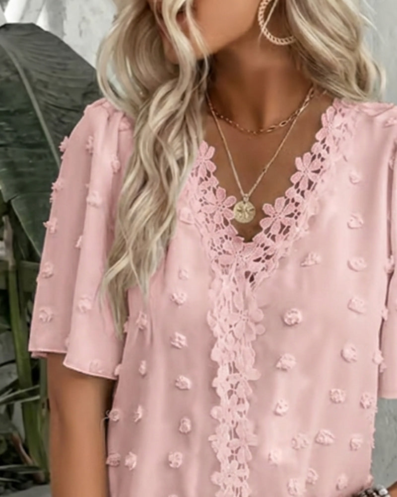 Spliced Jacquard Ruffle Sleeve Blouse