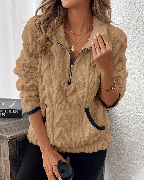Lapel Zipper Front Fuzzy Sweatshirt