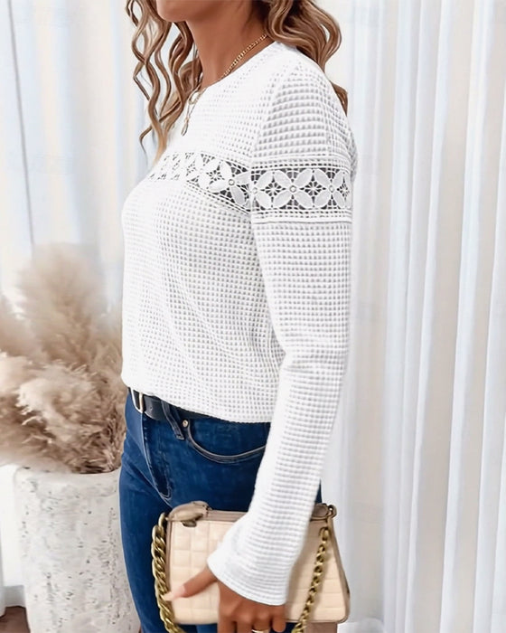 Round Neck Lace Patchwork Long-Sleeved T-Shirt