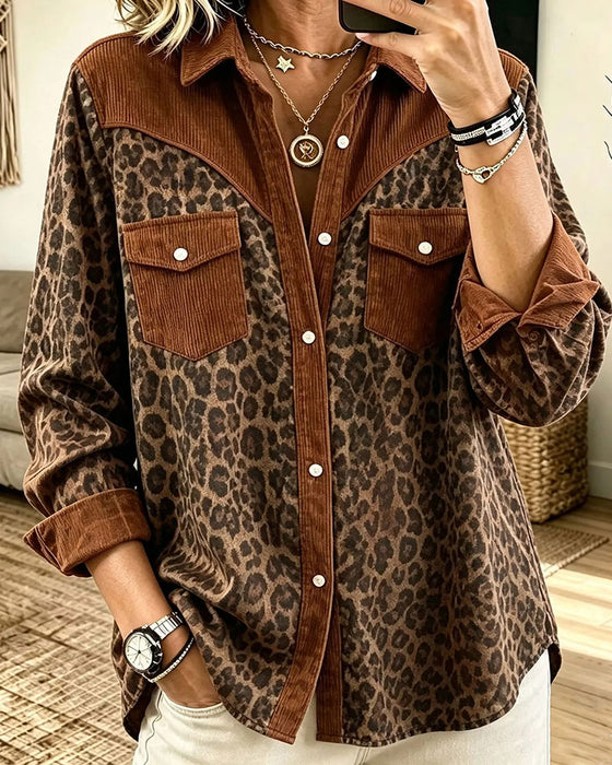 Lapel Button Leopard Color Block Shirt