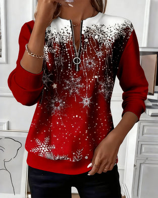 Half-Zip Snowflake Round Neck Sweatshirt