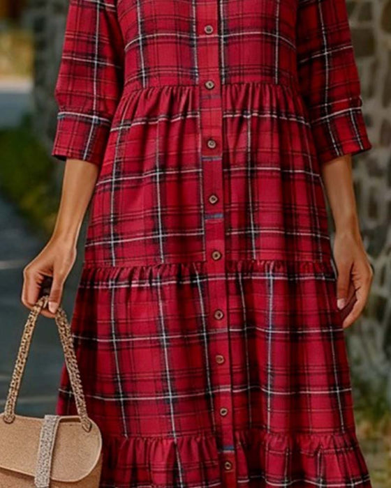 Plaid Seven-Quarter Sleeve Tiered Dress
