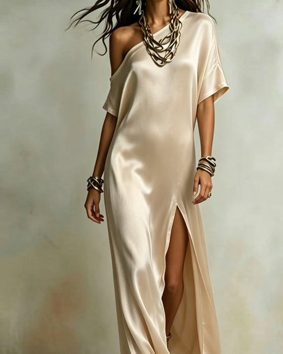 Satin One-Shoulder Slit Maxi Dress