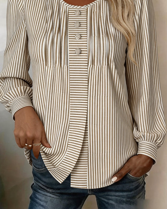 Crew Neck Button Front Stripe Puff Sleeve Blouse