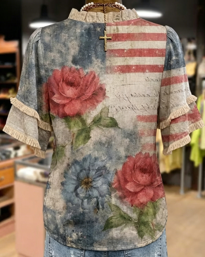 Floral-Print Ruffle-Trim Blouse