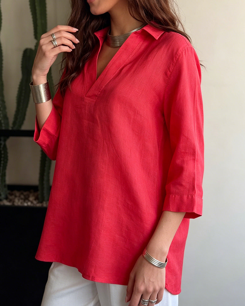 Casual V-Neck Solid Color Blouse