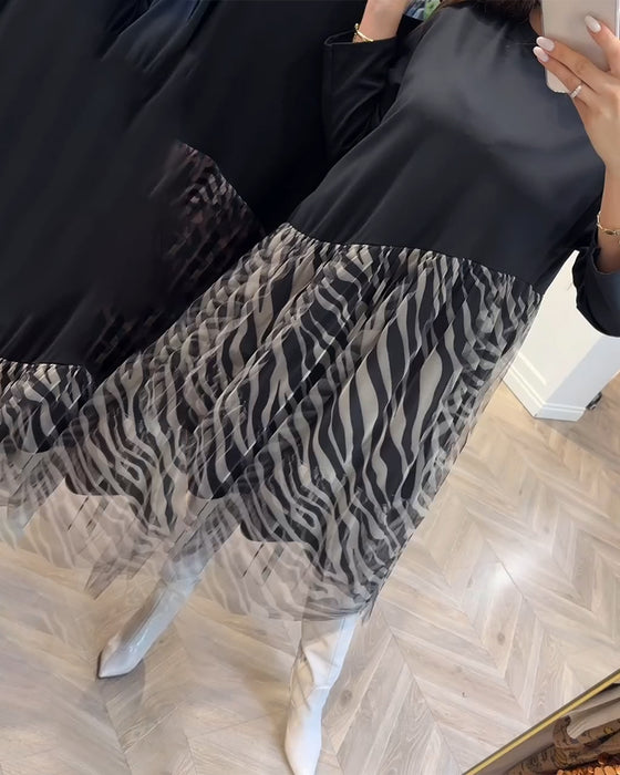 Round Neck Patchwork Mesh Print Dress