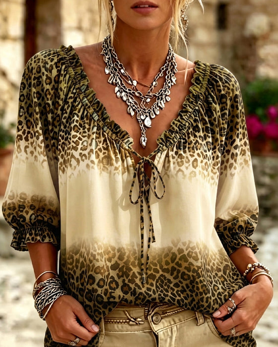 V-Neck Leopard Print Lace-Up Blouse