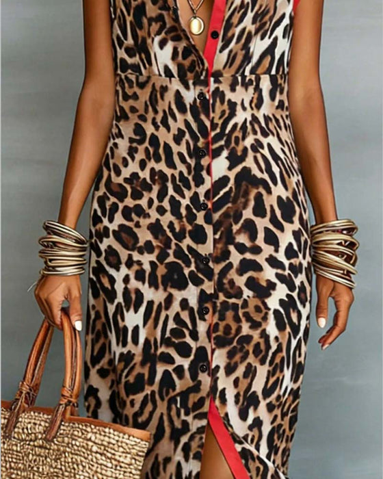 Lapel Leopard Print Contrast Maxi Dress