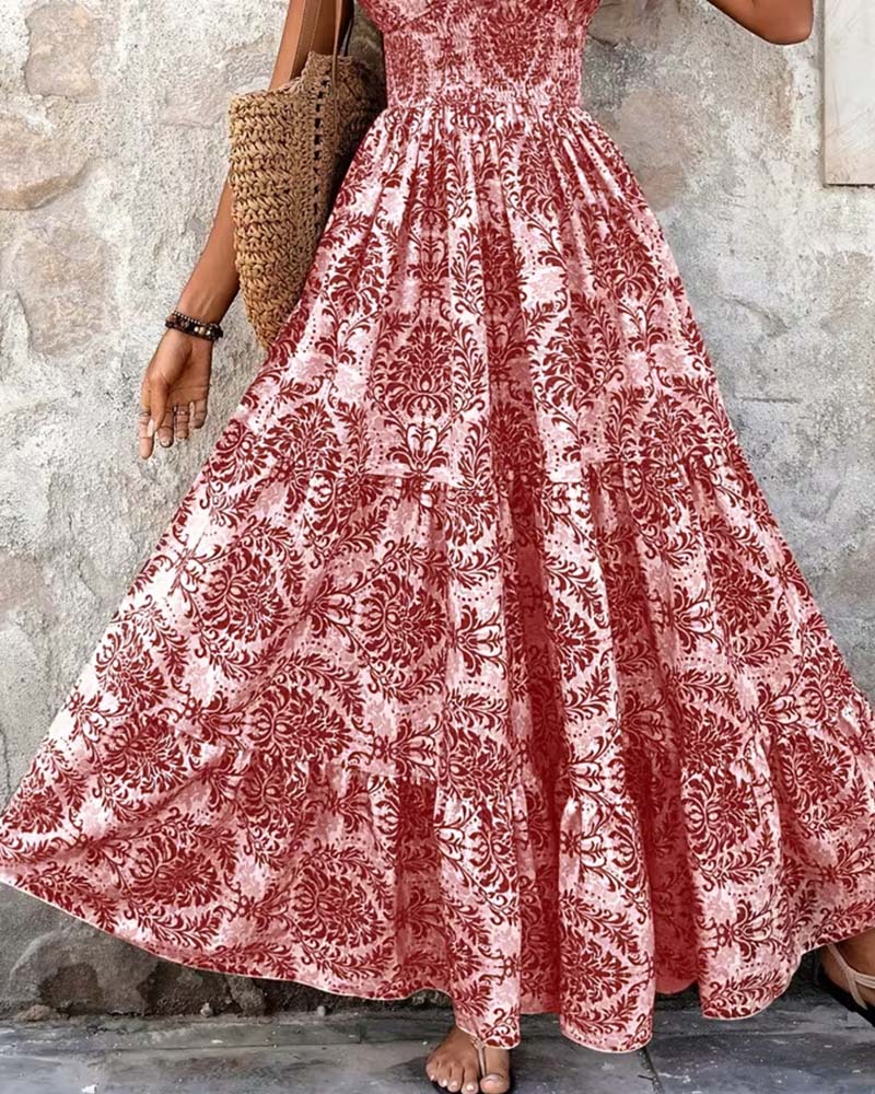 Retro Print V-Neck Cinched Waist Long Dress