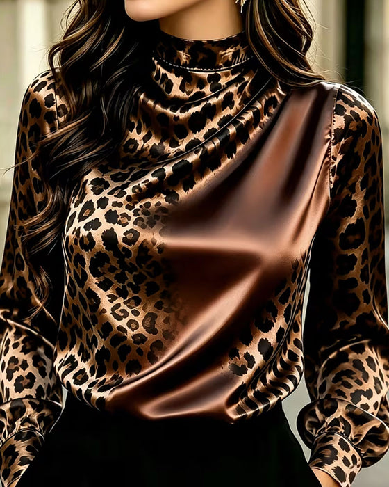 Mock Neck Leopard Contrast Drape Blouse