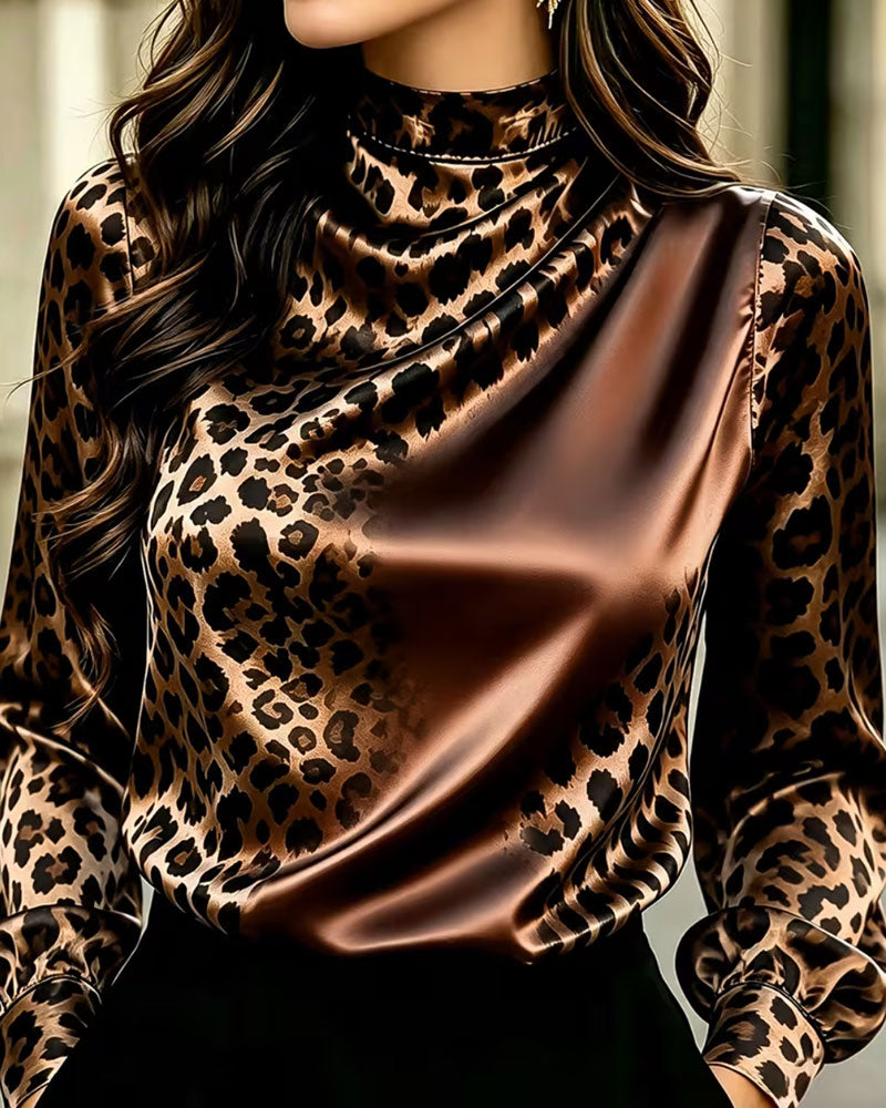 Mock Neck Leopard Contrast Drape Blouse