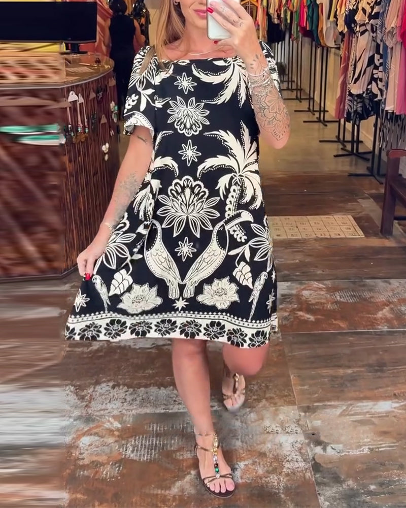 Wide Collar Straight Across Neck Print Dress