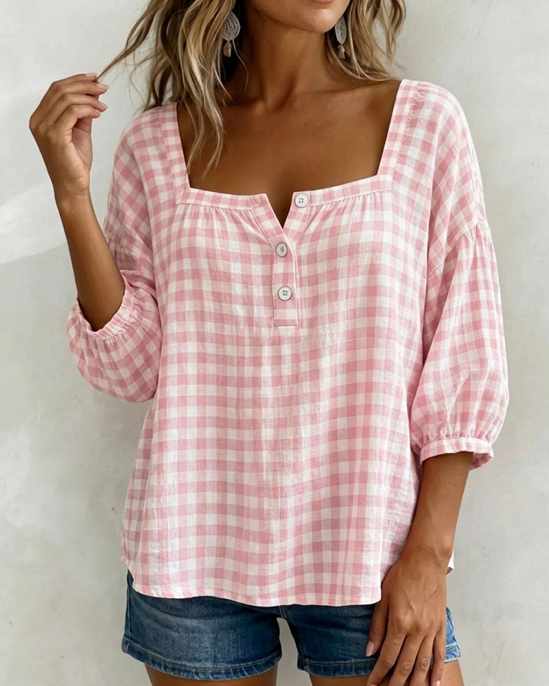 Square Neck Button-Up Plaid Blouse