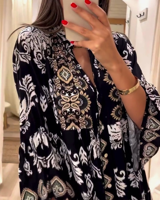 Vintage printed pleated loose dress