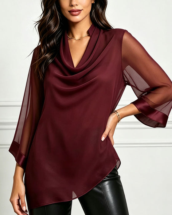Mock Neck Irregular Solid Sheer Blouse