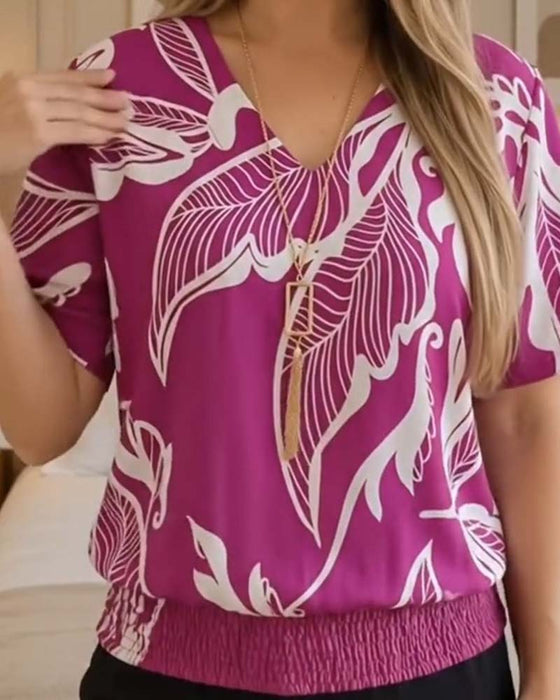 Floral Print Elastic Hem Short Sleeve Blouse