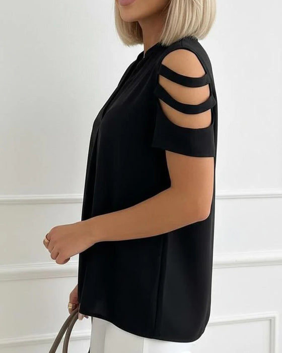 Cutout Strap V-Neck Short Sleeve Blouse