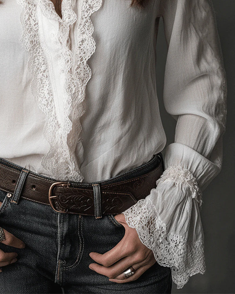 Lace Ruffle Bell Sleeve Blouse