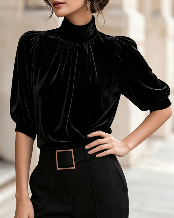 Stand Collar Shirred Puff Sleeve Top