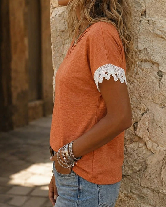 V-Neck Cross Lace Patchwork T-Shirt